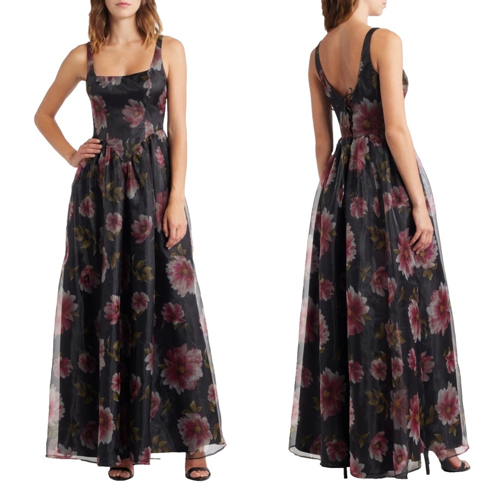 NEW LULUS Black FLORAL Organza MAELYN Lace-Up Corset MAXI COCKTAIL Dress GOWN S